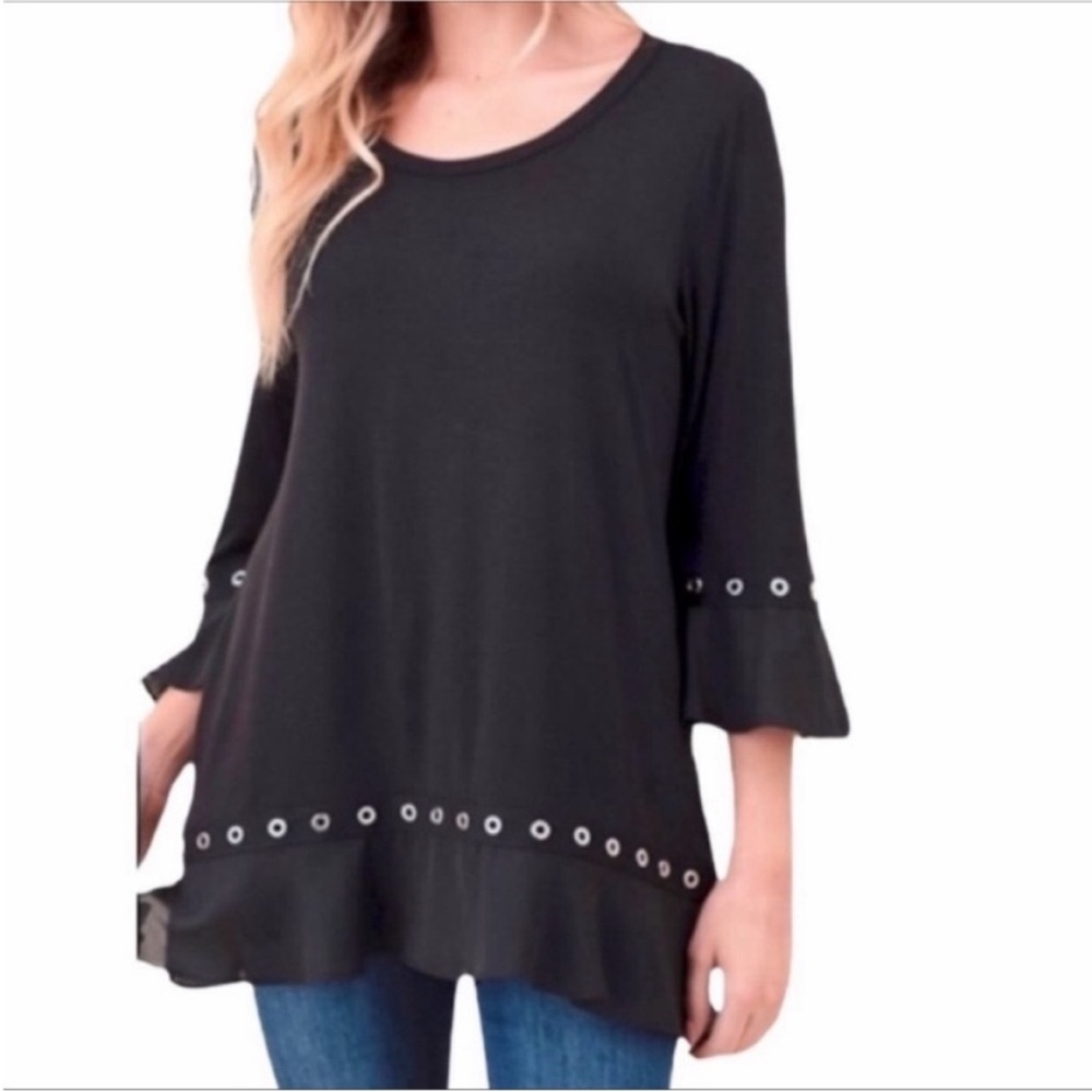 VISION USA grommets tunic top 1X black